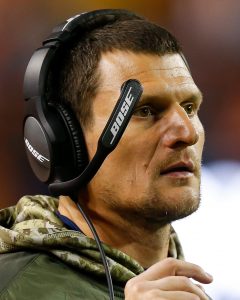 Special teams coach Brock Olivo of the Denver Broncos works on the sideline during a game against the New England Patriots at Sports Authority Field at Mile High on November 12, 2017 in Denver, Colorado. (Photo by Justin Edmonds/Getty Images)