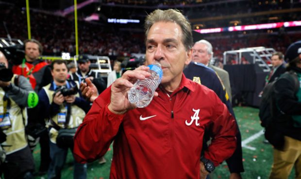 ATLANTA, GA - JANUARY 08:  Head coach Nick Saban of the Alabama Crimson Tide celebrates beating the...