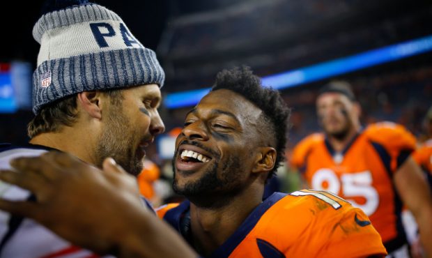 DENVER, CO - NOVEMBER 12:  Wide receiver Emmanuel Sanders #10 of the Denver Broncos has a word with...