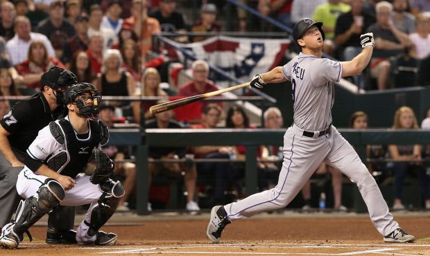 DJ LeMahieu #9 of the Colorado Rockies bats against the Arizona Diamondbacks during the National Le...