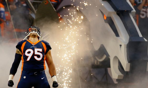 Defensive end Derek Wolfe #95 of the Denver Broncos is introduced to the crowd before a game agains...