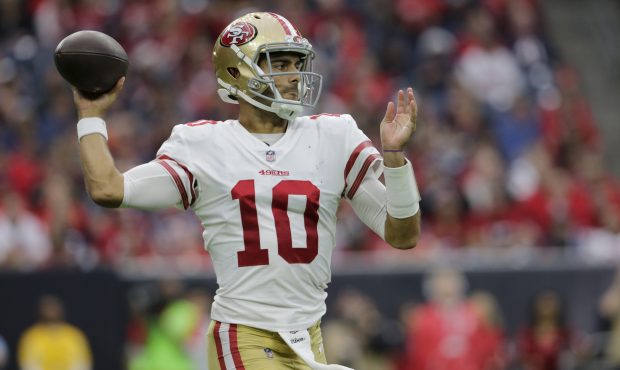 Jimmy Garoppolo #10 of the San Francisco 49ers throws a pass in the third quarter against the Houst...
