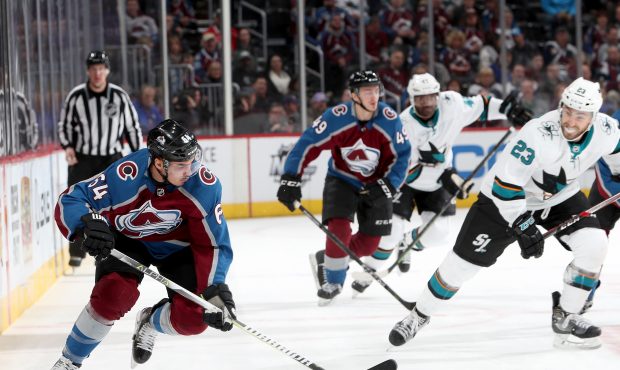 Nail Yakupov #64 of the Colorado Avalanche advances the puck against the San Jose Sharks at the Pep...