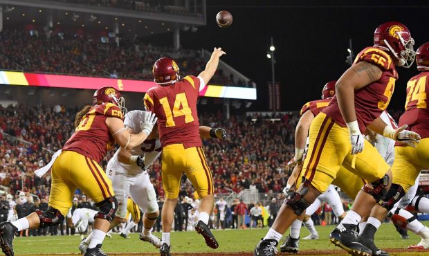 SANTA CLARA, CA - DECEMBER 01:  Sam Darnold #14 of the USC Trojans looks to throws and completes a ...