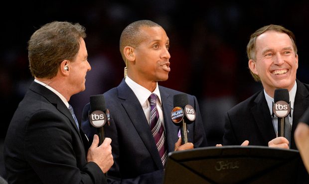 LOS ANGELES, CA - MARCH 28:  The broadcast team of Kevin Harlan, Reggie Miller and Dan Bonner are s...