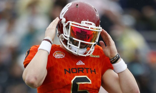 MOBILE, AL - JANUARY 27:  Baker Mayfield #6 of the North team reacts during the first half of the R...