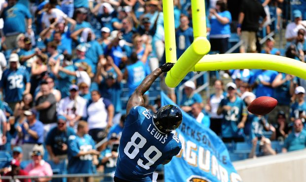 Jacksonville Jaguars tight end Marcedes Lewis #89 celebrates his touchdown vs the Denver Broncos in...