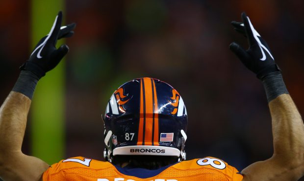 Eric Decker #87 of the Denver Broncos reacts in the fourth quarter against the San Diego Chargers d...