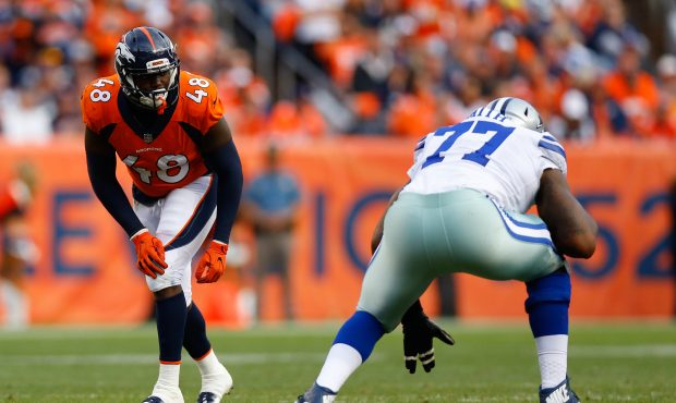 Outside linebacker Shaquil Barrett #48 of the Denver Broncos rushes against the Dallas Cowboys at S...