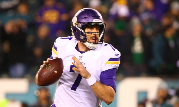 Case Keenum of the Minnesota Vikings warms up prior to the NFC Championship game against the Philad...