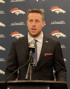 Denver Broncos quarterback Case Keenum addresses the media for the first time from the Pat Bowlen Fieldhouse at the team's Dove Valley headquarters.