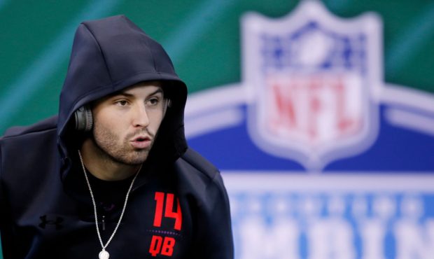 INDIANAPOLIS, IN - MARCH 03: Oklahoma quarterback Baker Mayfield looks on during the NFL Combine at...
