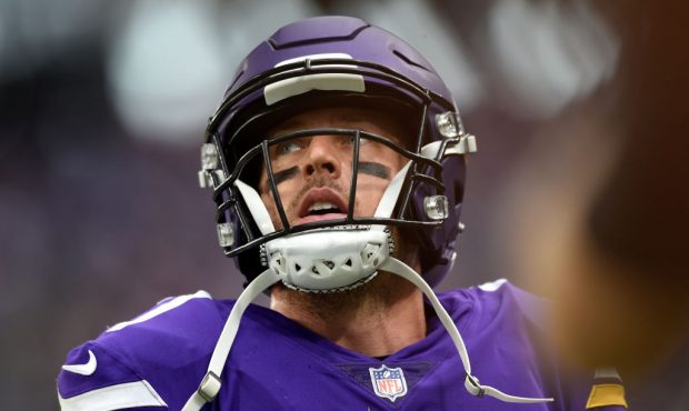 Case Keenum #7 of the Minnesota Vikings reacts after a failed fourth down attempt in the fourth qua...
