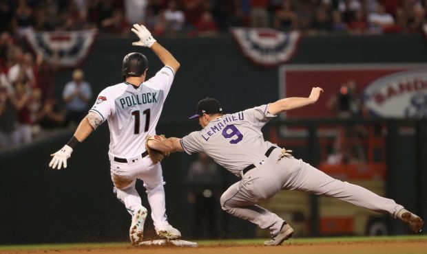 during the National League Wild Card game at Chase Field on October 4, 2017 in Phoenix, Arizona....