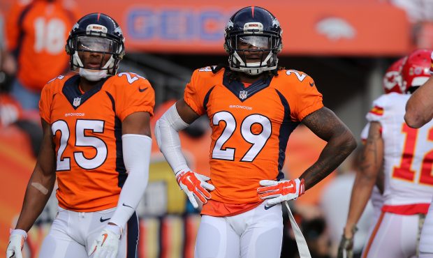 Chris Harris #25 and Bradley Roby #29 of the Denver Broncos defend against the Kansas City Chiefs a...