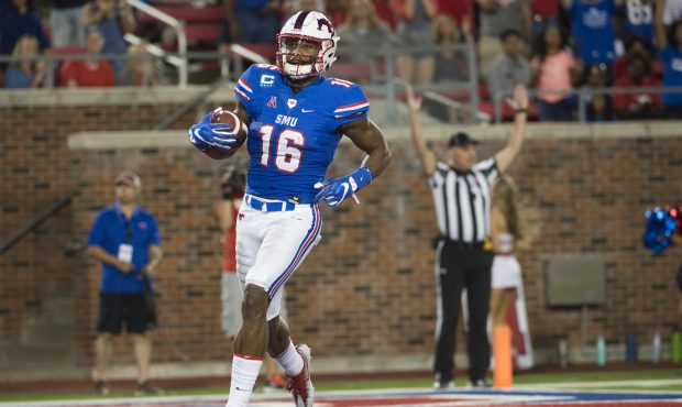DALLAS, TX - SEPTEMBER 9:  Courtland Sutton #16 of the SMU Mustangs celebrates after scoring a touc...