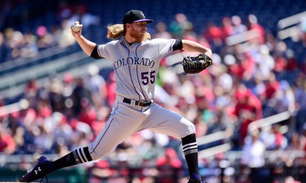 WASHINGTON, DC - APRIL 14: Starting pitcher Jon Gray #55 of the Colorado Rockies throws a pitch aga...