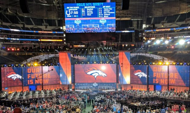 A general view of the Denver Broncos draft stage inside AT&T Stadium during the 2018 NFL Draft on A...