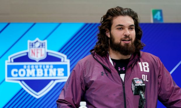 INDIANAPOLIS, IN - MARCH 01: Arizona State offensive lineman Sam Jones speaks to the media during N...