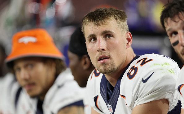 Tight end Jeff Heuerman #82 of the Denver Broncos on the sidelines during the preseaon NFL game aga...
