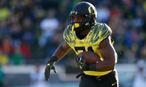 Denver Broncos running back Royce Freeman playing for the Oregon Ducks....