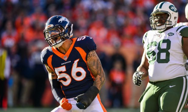 Outside linebacker Shane Ray #56 of the Denver Broncos celebrates a defensive pass broken up at Spo...