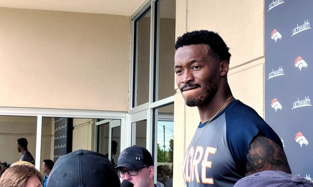 Denver Broncos wide receiver Demaryius Thomas speaks to the media team workouts at UCHealth Trainin...