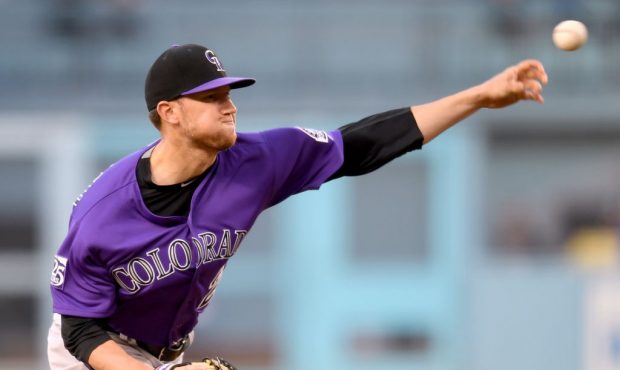 Kyle Freeland #21 of the Colorado Rockies pitches to the Los Angeles Dodgers during the first innin...
