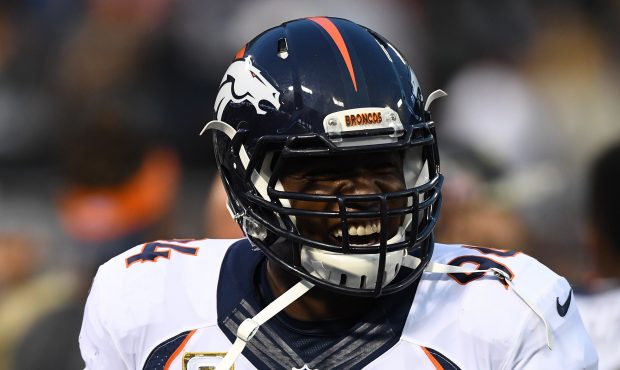 OAKLAND, CA - NOVEMBER 06:   DeMarcus Ware #94 of the Denver Broncos warms up on the field prior to...