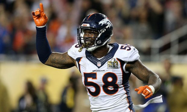 Von Miller (58) of the Denver Broncos reacts after a play against the Carolina Panthers in the four...