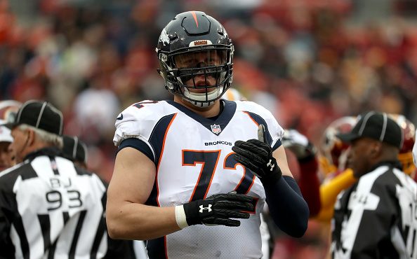 Offensive tackle Garett Bolles (72) of the Denver Broncos looks on against the Washington Redskins ...