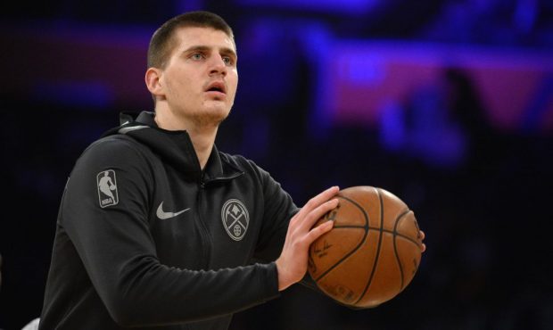 Nikola Jokic #15 of the Denver Nuggets during warm up before the game against the Los Angeles Laker...