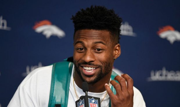 Denver Broncos wide receiver Emmanuel Sanders talks about the upcoming season during a press confer...