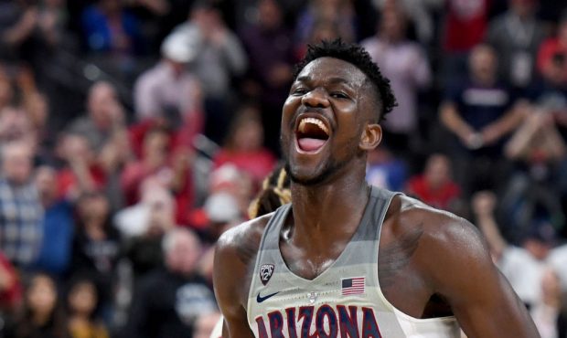 LAS VEGAS, NV - MARCH 10:  Deandre Ayton #13 of the Arizona Wildcats celebrates on the court after ...