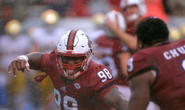 RALEIGH, NC - OCTOBER 08:  B.J. Hill #98 and Bradley Chubb #9 of the North Carolina State Wolfpack ...