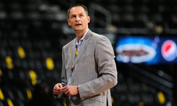 DENVER, CO - NOVEMBER 03:  Arturas Karnisovas, assistant general manager of the Denver Nuggets watc...