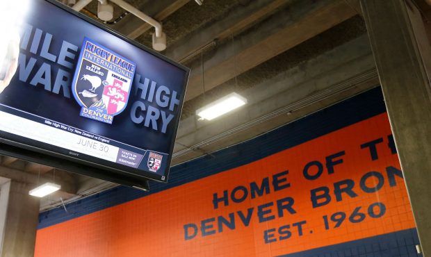 DENVER, CO - JUNE 23: A TV in the "Home of the Broncos" stadium concourse shows the International R...