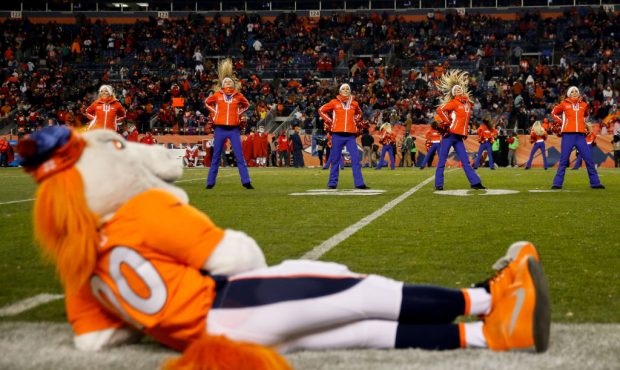DENVER, CO - DECEMBER 31:  Miles the mascot looks on as cheerleaders perform during a break in the ...
