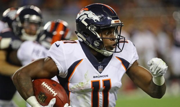 Carlos Henderson (11) of the Denver Broncos runs against the Chicago Bears during a preseason game ...