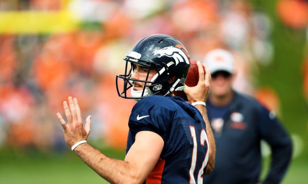 Quarterback Paxton Lynch #12 on day 5 of Denver Broncos training camp at the UCHealth Training Cent...