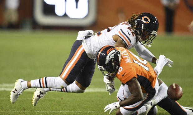 Wide receiver Isaiah McKenzie (16) fumbles the ball late in the game as the Denver Broncos go onto ...