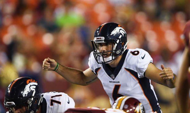 Quarterback Chad Kelly #6 of the Denver Broncos leading the offense against the Washington Redskins...