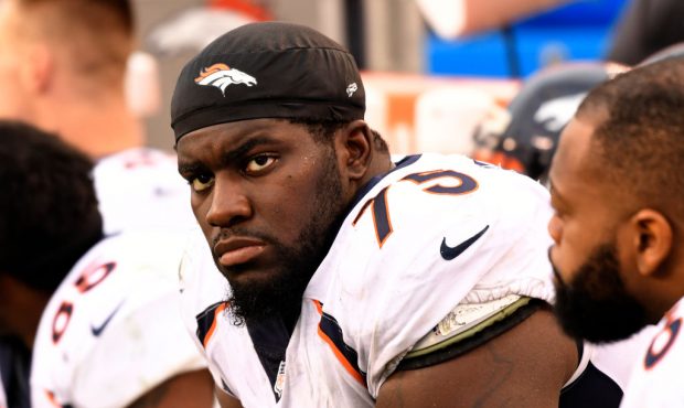 Denver Broncos offensive tackle Menelik Watson #75 watching time run down in the 4th quarter as Den...