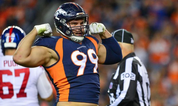 DENVER, CO - OCTOBER 15: Defensive end Adam Gotsis #99 of the Denver Broncos celebrates after a sac...