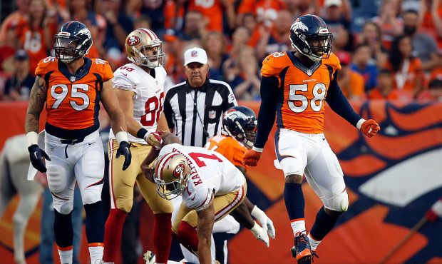 DENVER, CO - AUGUST 29:  Outside linebacker Von Miller #58 of the Denver Broncos celebrates after o...