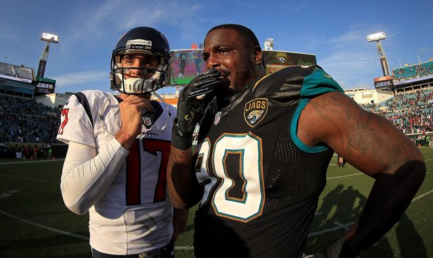 JACKSONVILLE, FL - NOVEMBER 13:  Brock Osweiler #17 of the Houston Texans and Malik Jackson #90 of ...