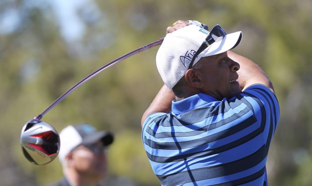 NORTH LAS VEGAS, NV - APRIL 06:  Former MLB player Ozzie Smith hits a tee shot during Aria Resort &...