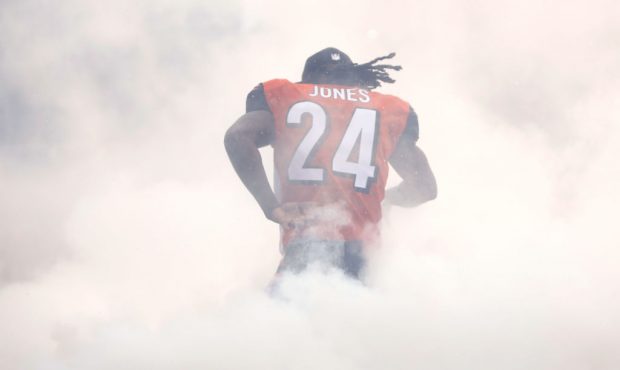 CINCINNATI, OH - OCTOBER 8:  Adam Jones #24 of the Cincinnati Bengals runs on to the field prior to...