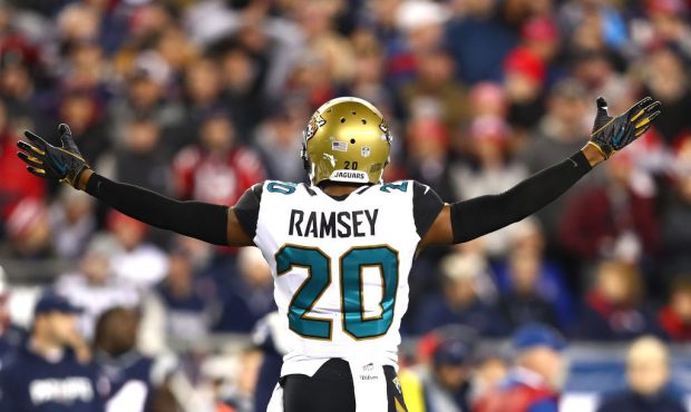 FOXBOROUGH, MA - JANUARY 21: Jalen Ramsey #20 of the Jacksonville Jaguars reacts during the second ...