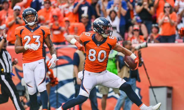 Tight end Jake Butt #80 of the Denver Broncos celebrates after a first down catch against the Seatt...